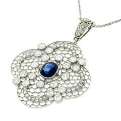 Antique Edwardian Clover-Motif Sapphire Diamond and Platinum Filigree Pendant
