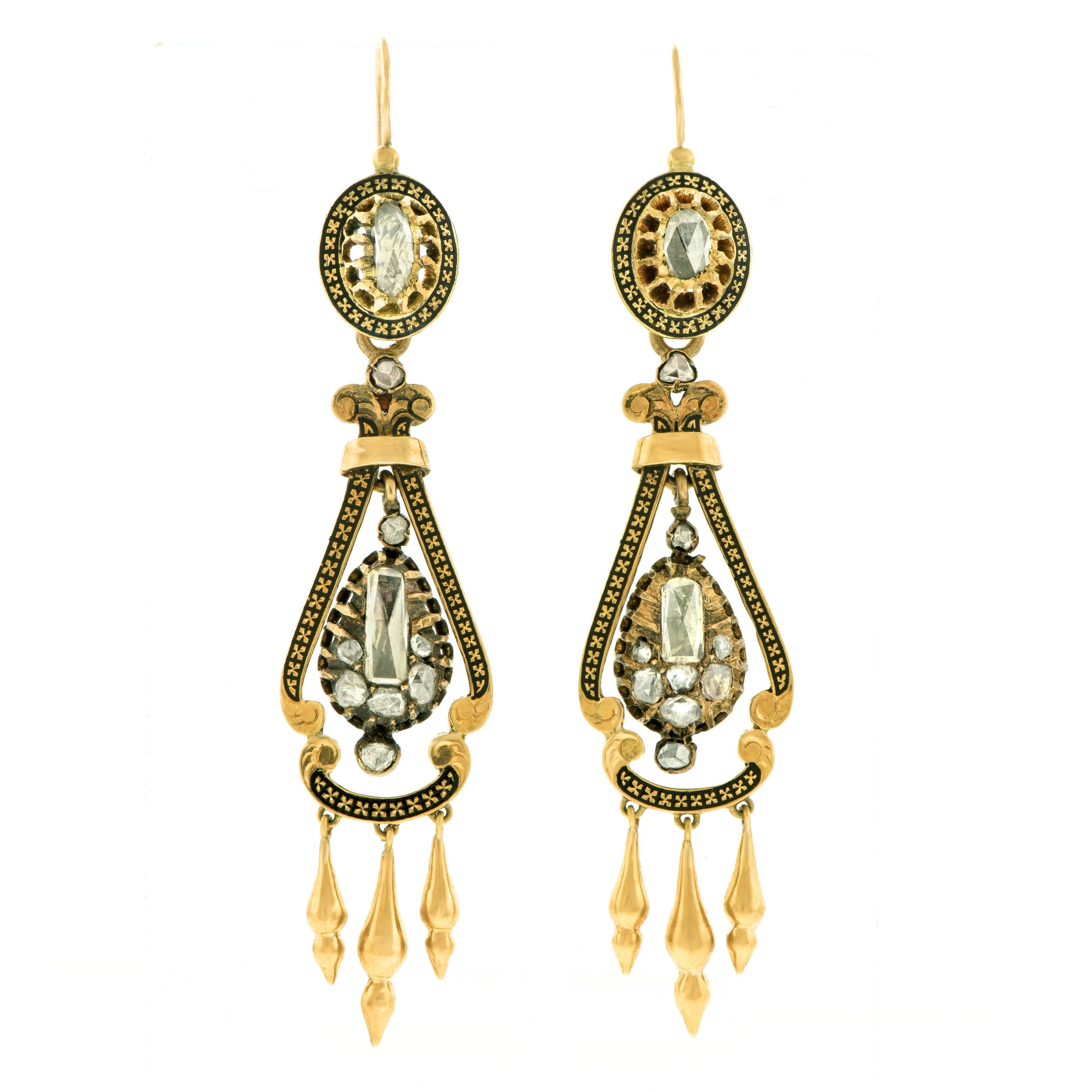 Victorian Rose-Cut Diamond Enamel Gold Chandelier Earrings