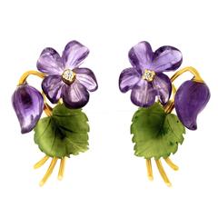 1950s Jade Amethyst Diamond Gold Flower Earrings