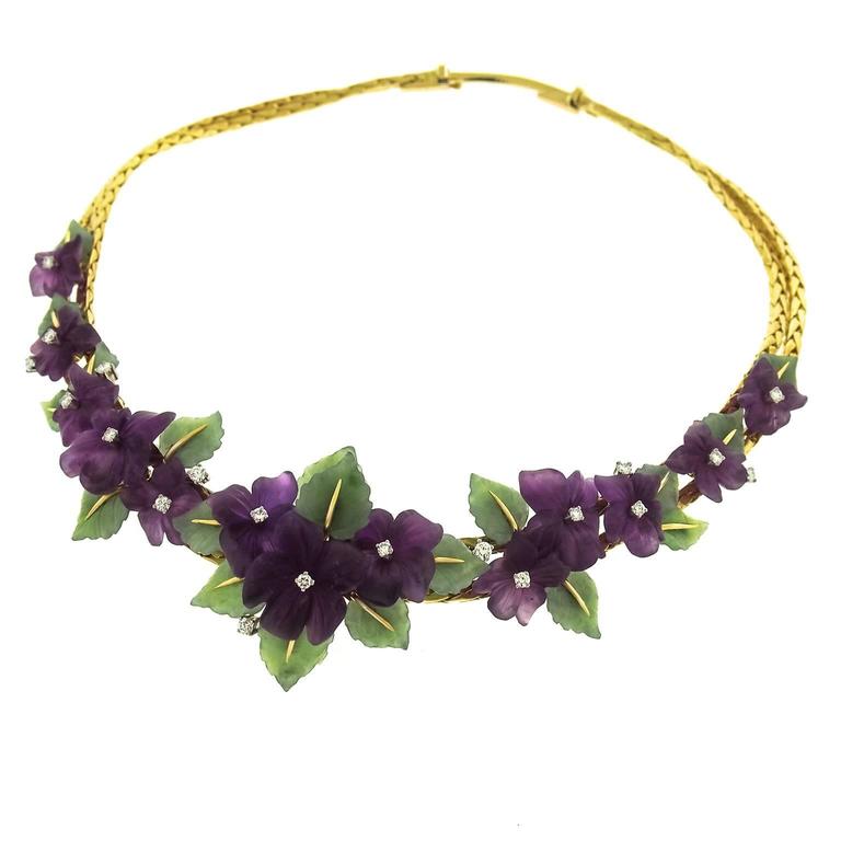 1950s Fabulous Jade Leaf Amethyst Gold Flower Necklace at 1stDibs ...
