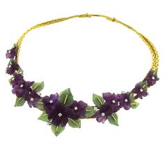 Vintage 1950s Fabulous Jade Leaf Amethyst Gold Flower Necklace