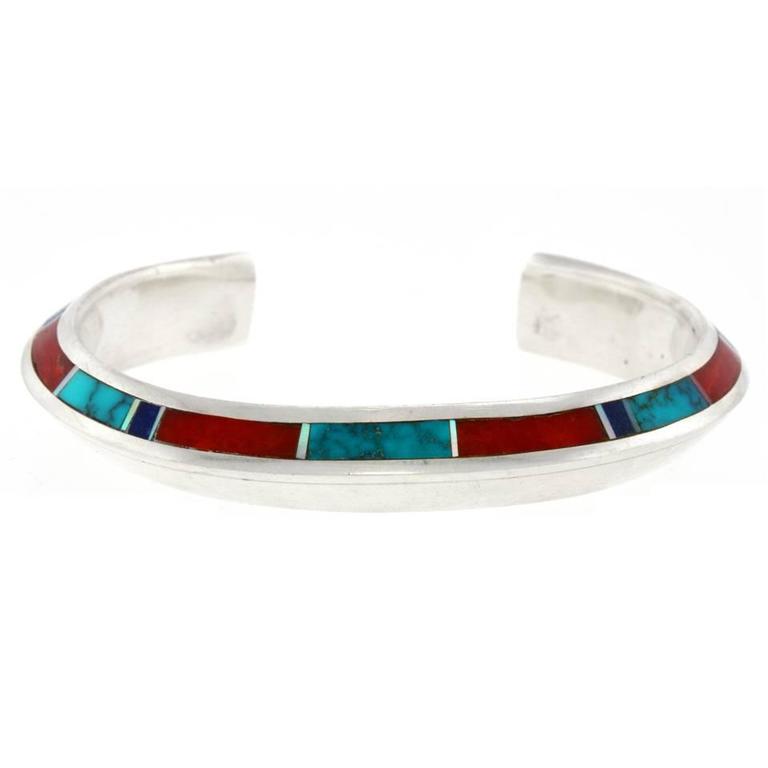 Douglas Nava Native American Intarsio Set Sterling Bracelet at 1stDibs