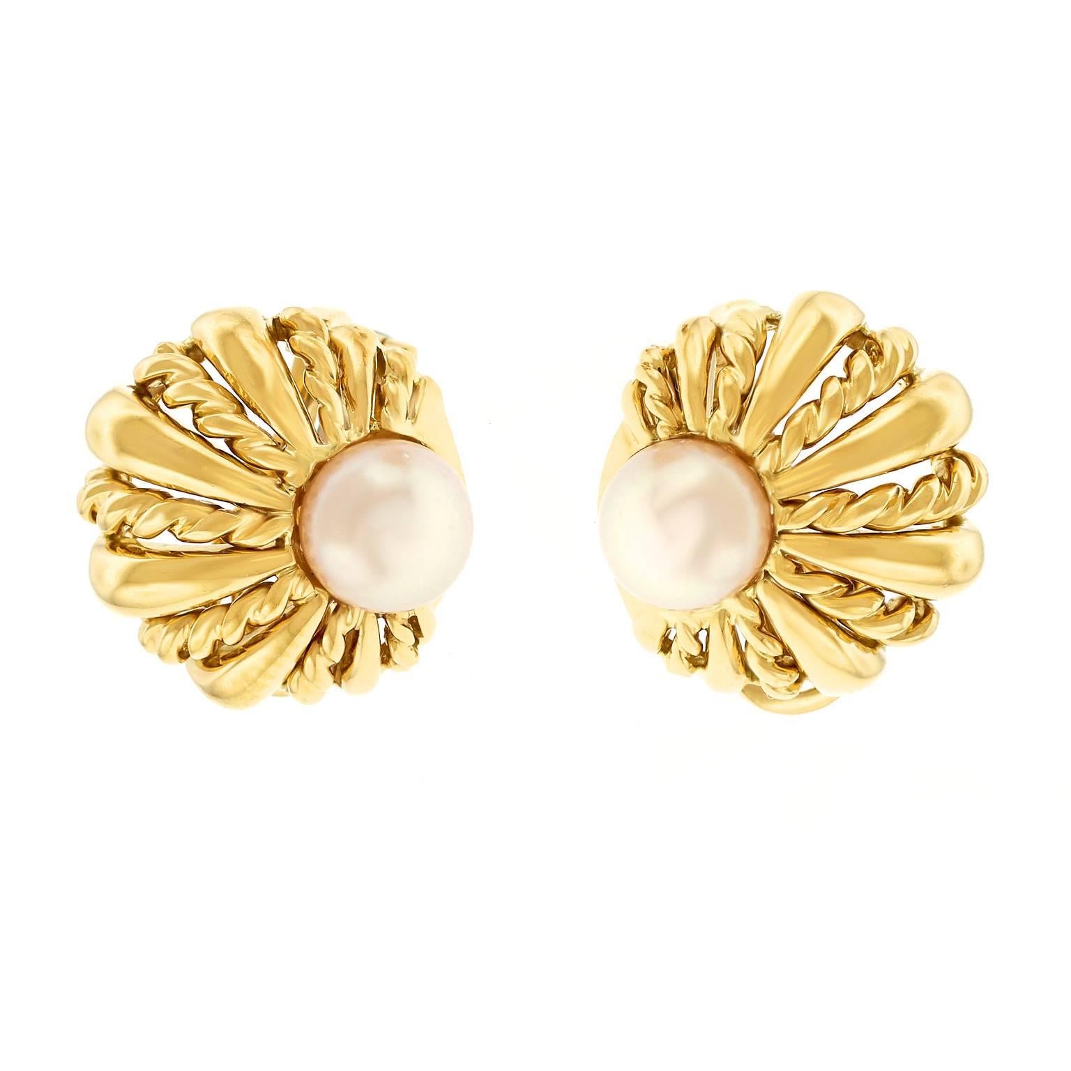 Tiffany & Co. Pearl Set Shell Motif Gold Earrings
