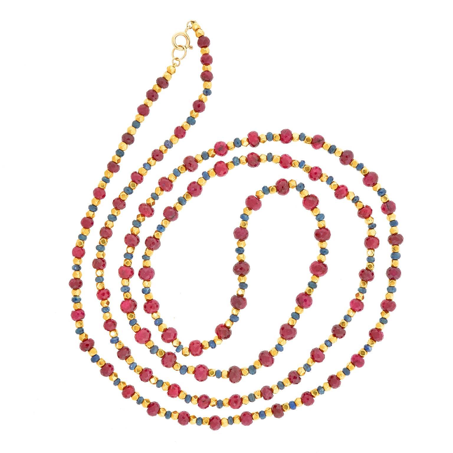 1970s American Ruby Sapphire Gold Bead Necklace
