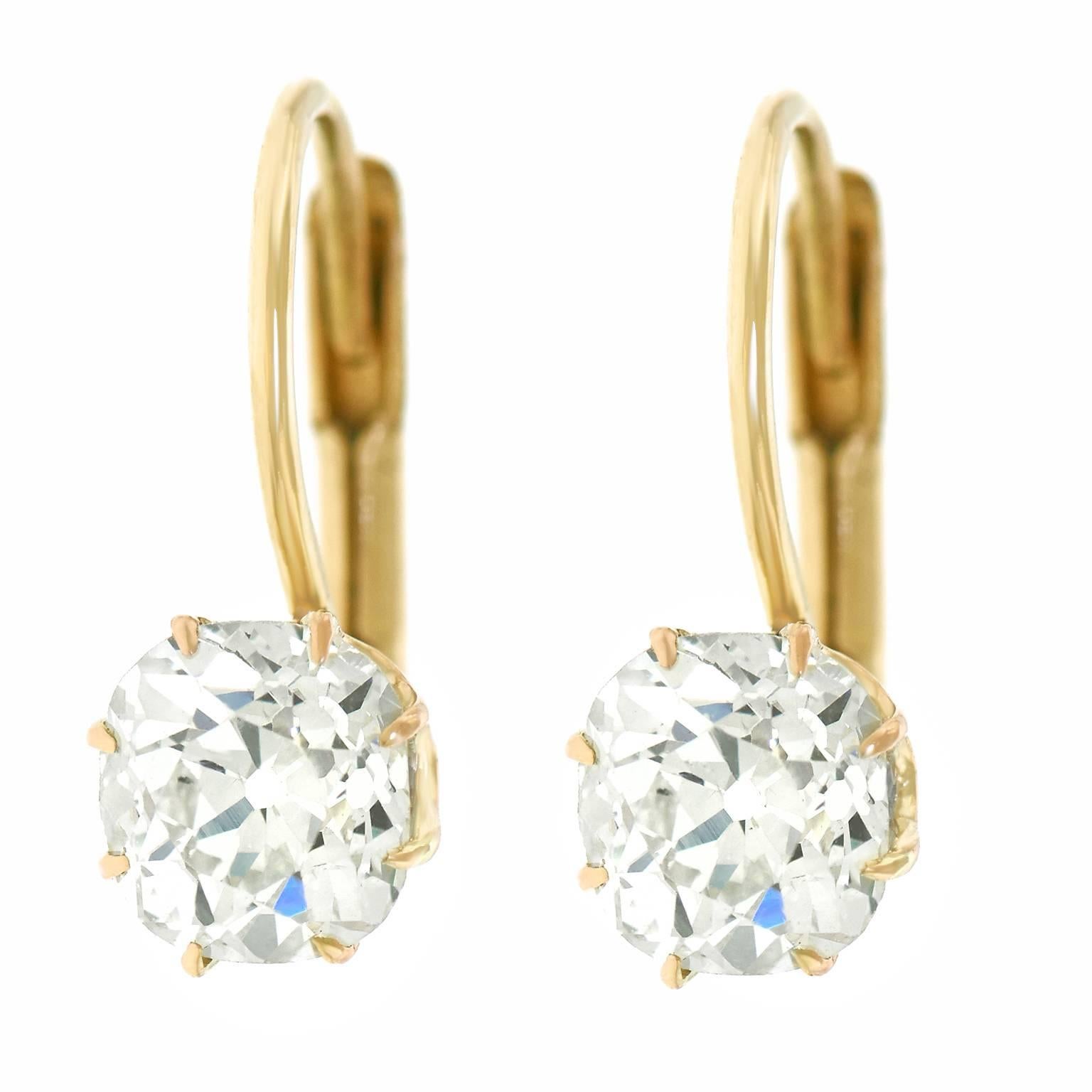 Antique 2.30 Carats Total Weight Diamond Drop Gold Earrings