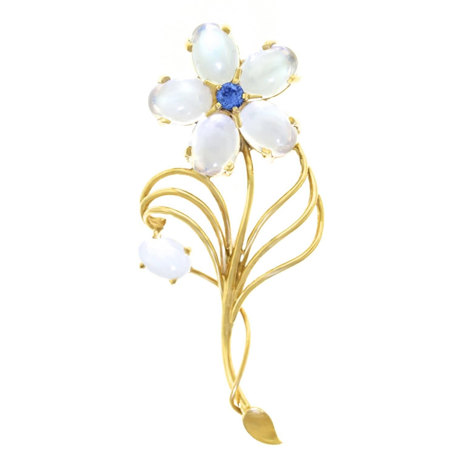 Fifties Moonstone Sapphire and Gold Brooch