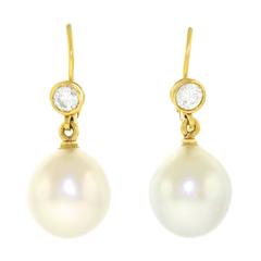 Cultured Pearl and Diamond Gold Dangle Earrings