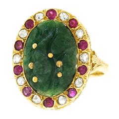 Antique Carved Jade, Diamond and Ruby Ring