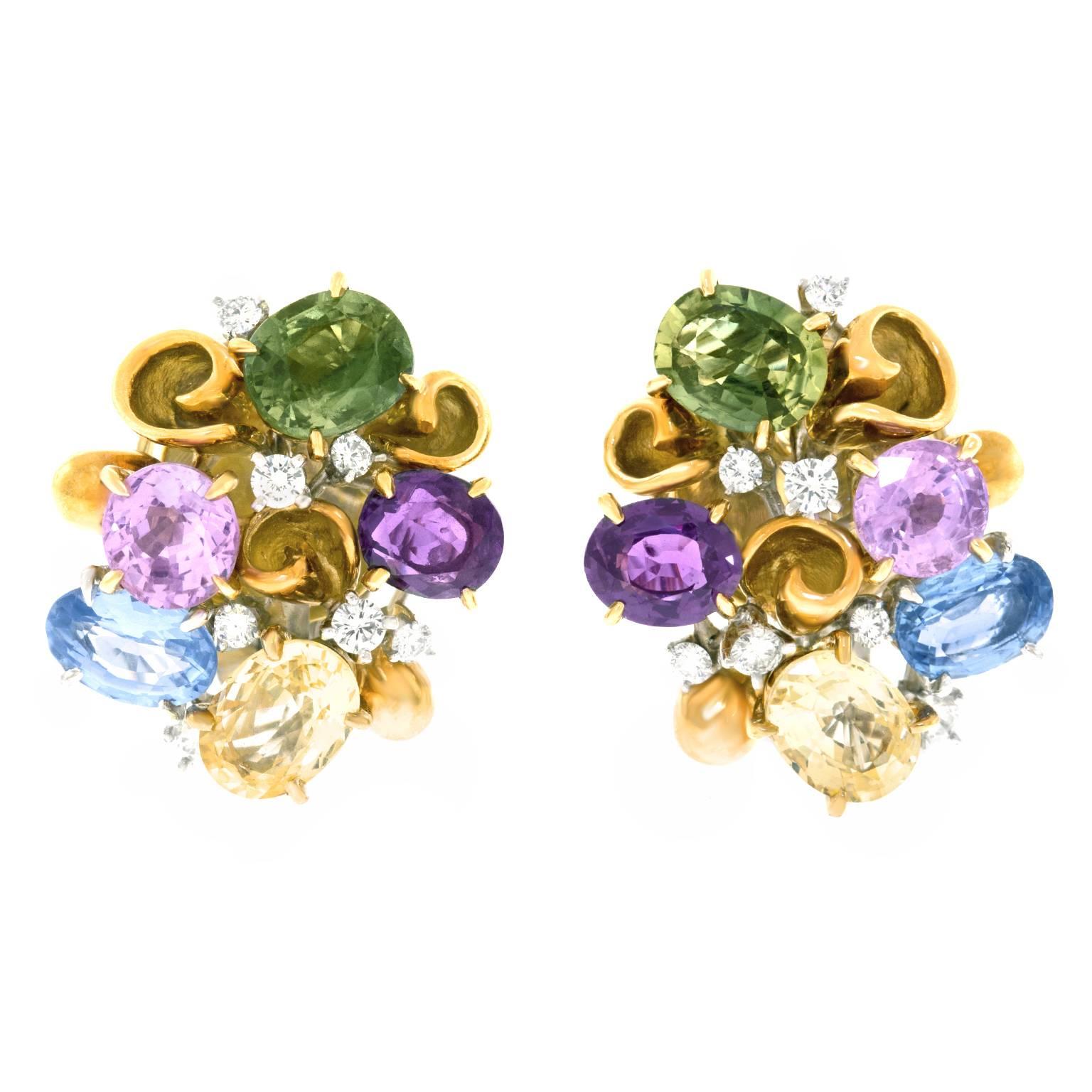 Emil Meister Sapphire and Diamond Set Gold Earrings For Sale