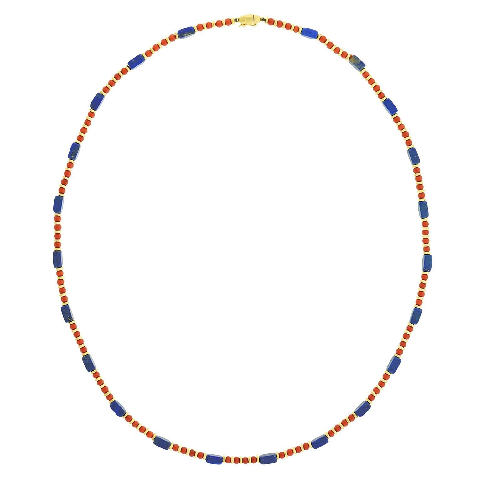 Seventies Lapis, Coral, and Gold Necklace