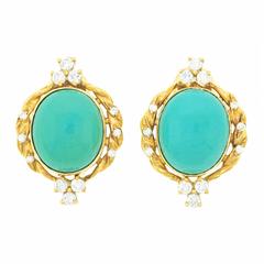 Vintage Carl F. Bucherer Persian Turquoise Diamond Gold Earrings