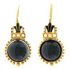 Victorian Onyx, Enamel and Pearl Gold Earrings
