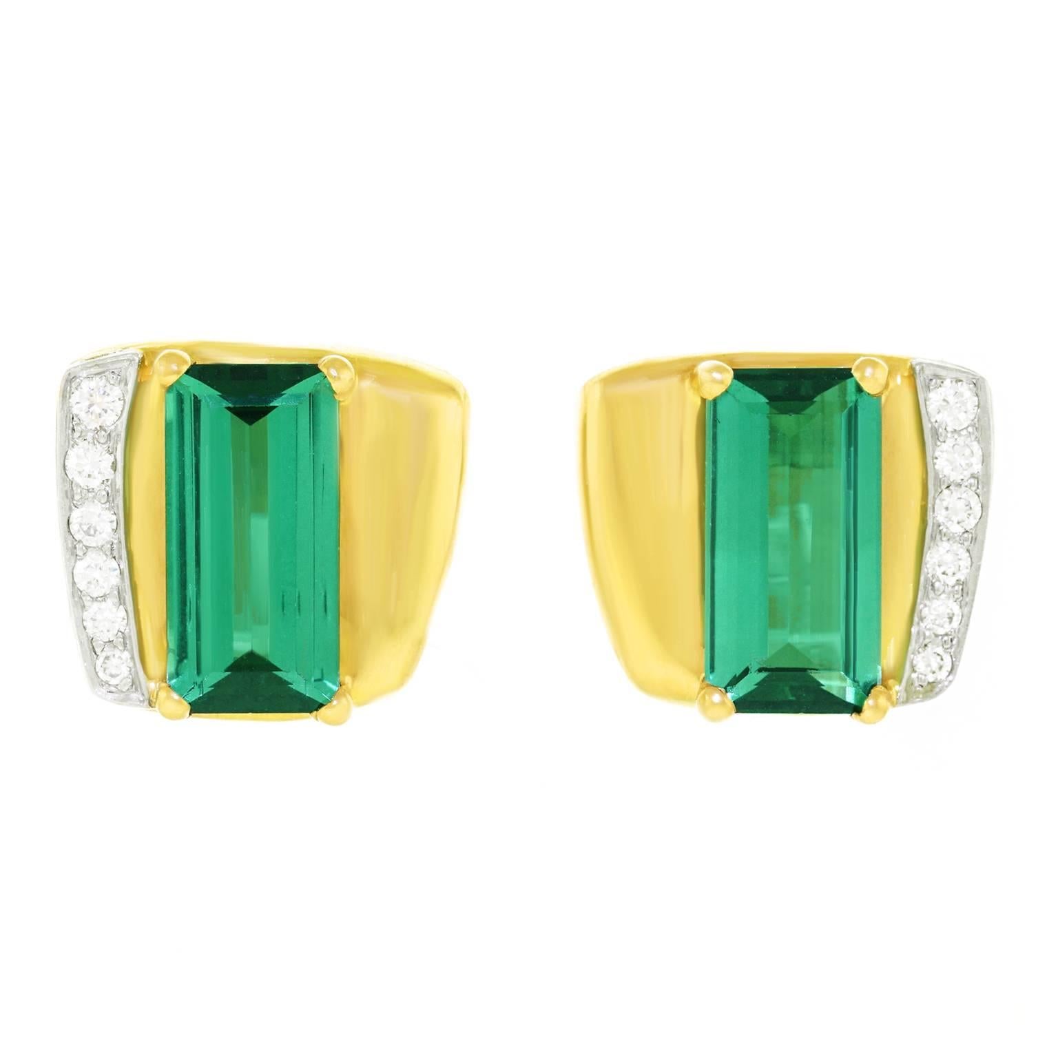 Modernist Green Tourmaline Diamond Gold Earrings