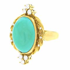 Vintage 1960s Carl Bucherer Persian Turquoise Diamond and Gold Ring