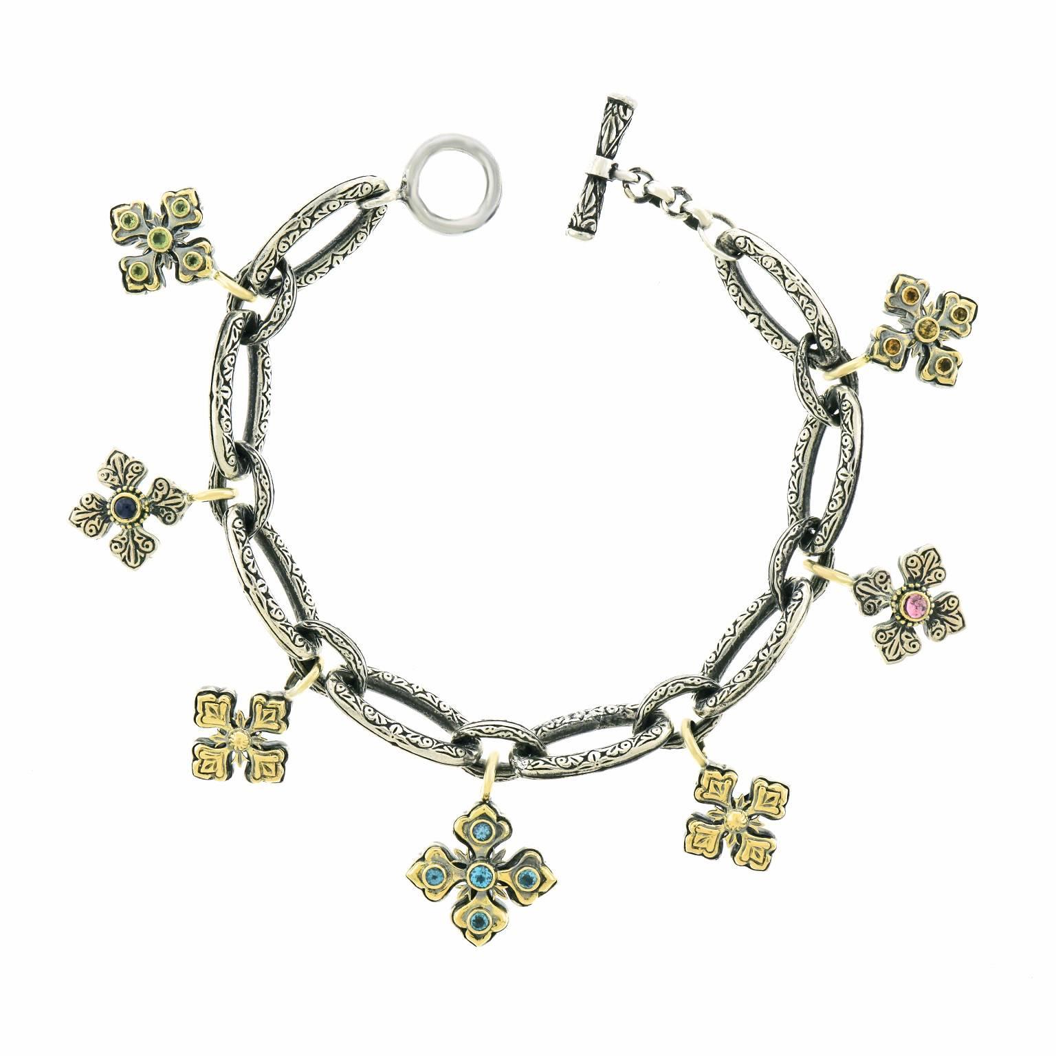 Konstantino Medieval Cross Sterling Gold Charm Bracelet