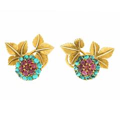1950s Turquoise Ruby Gold Earrings
