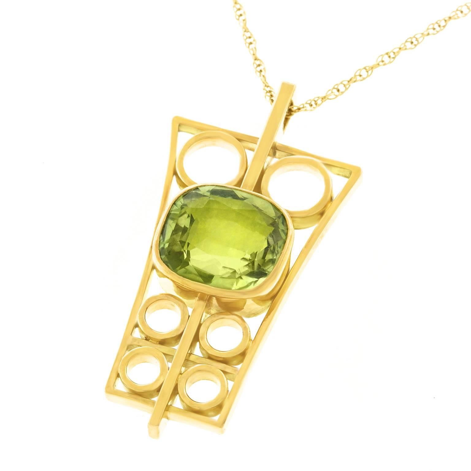 1950s Modernist Peridot Set Gold Pendant