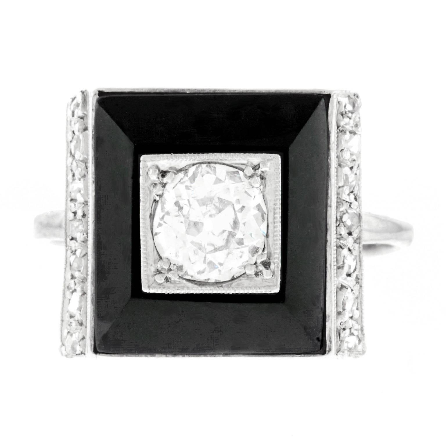 Art Deco Diamond and Onyx Set White Gold Ring