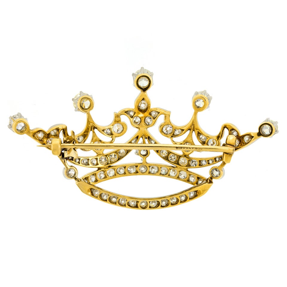 Tiffany & Co. Diamond-Set Platinum Over 18k Gold Crown Brooch In Excellent Condition In Litchfield, CT