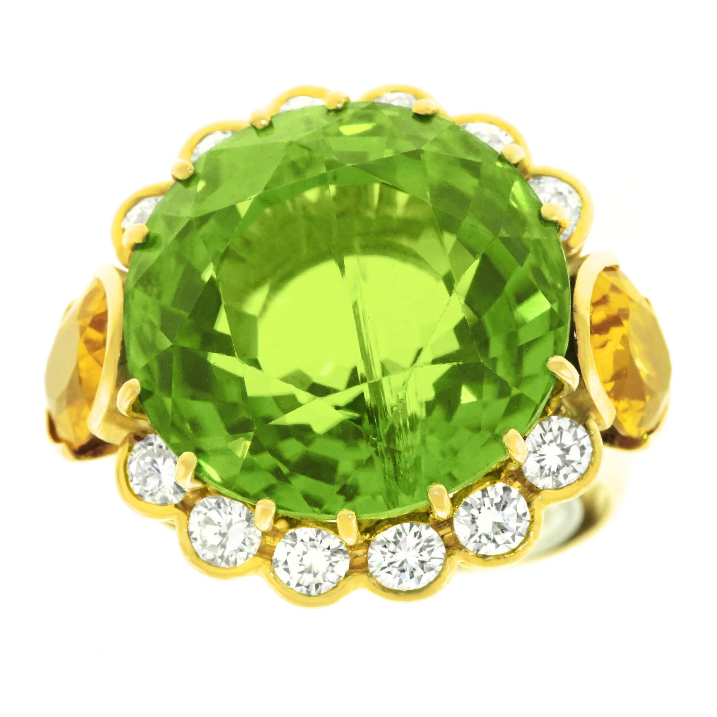 20 Carat Peridot Citrine Diamond Gold Ring