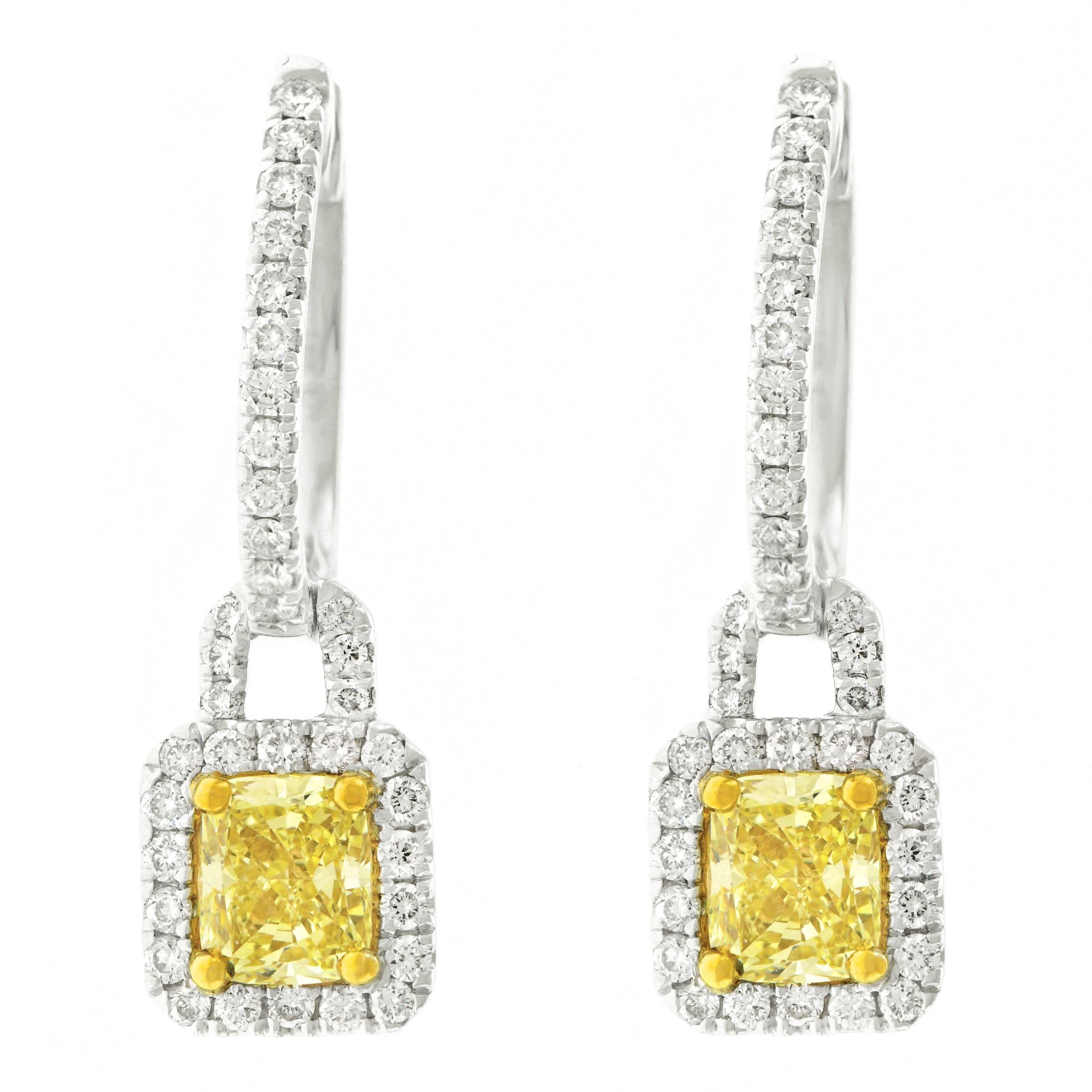 Fancy Yellow and White Diamond Set Gold Earrings