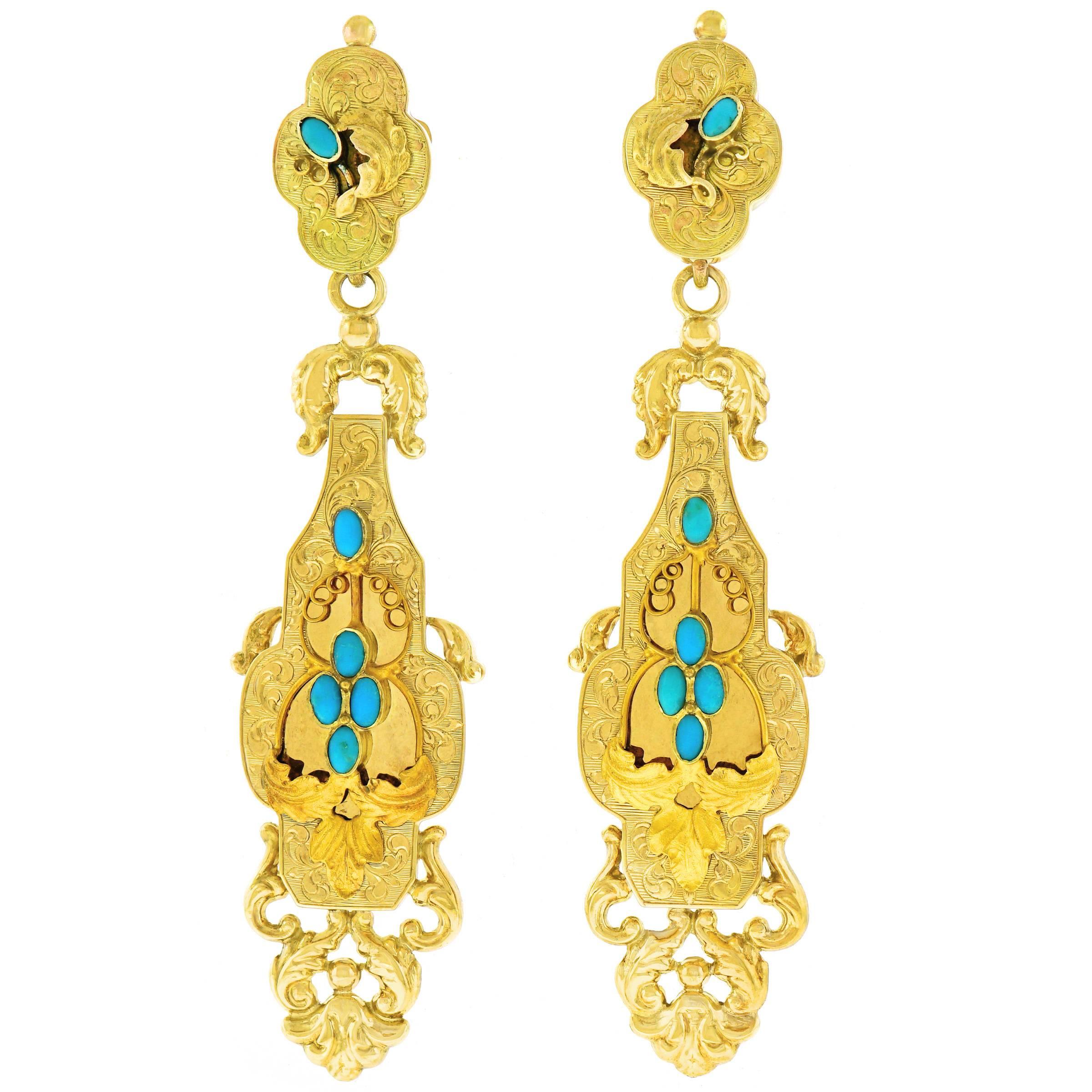 Antique Turquoise set Gold 3 inch long Chandelier Earrings 
