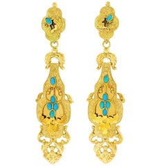 Antique Turquoise set Gold 3 inch long Chandelier Earrings