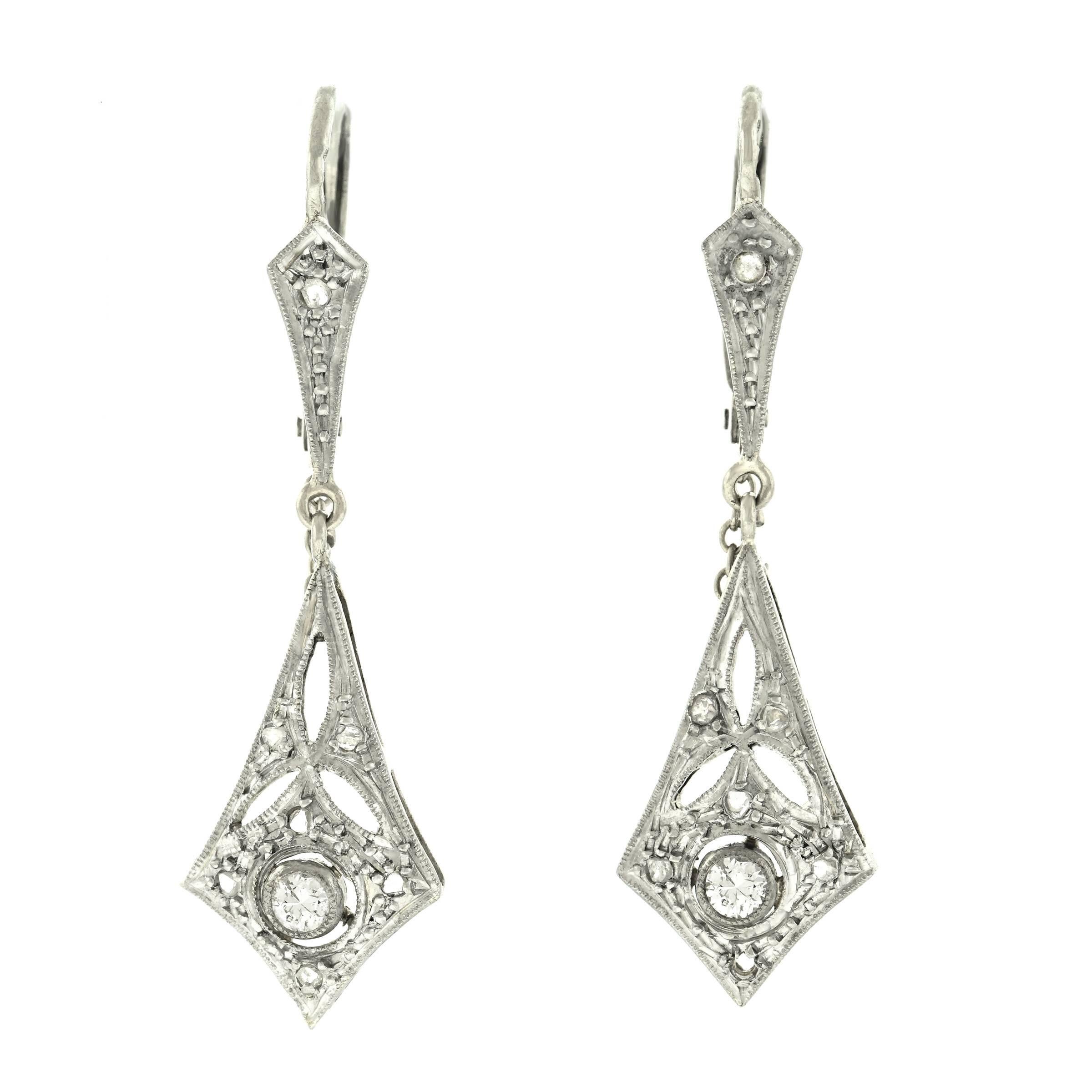 French Art Deco Diamond Set Gold Drop Earrings