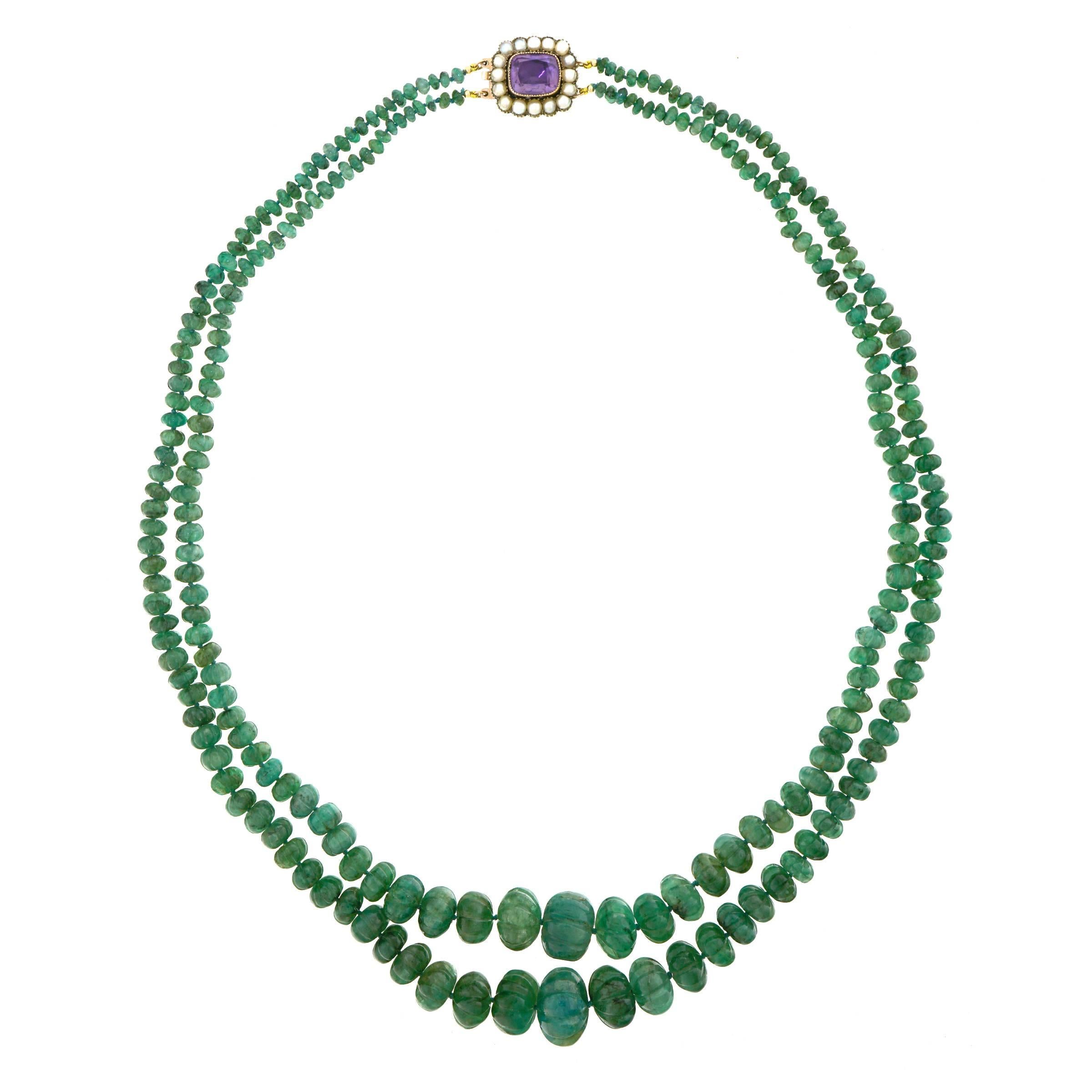 Double-Strand Emerald Necklace with Antique Gold Catch