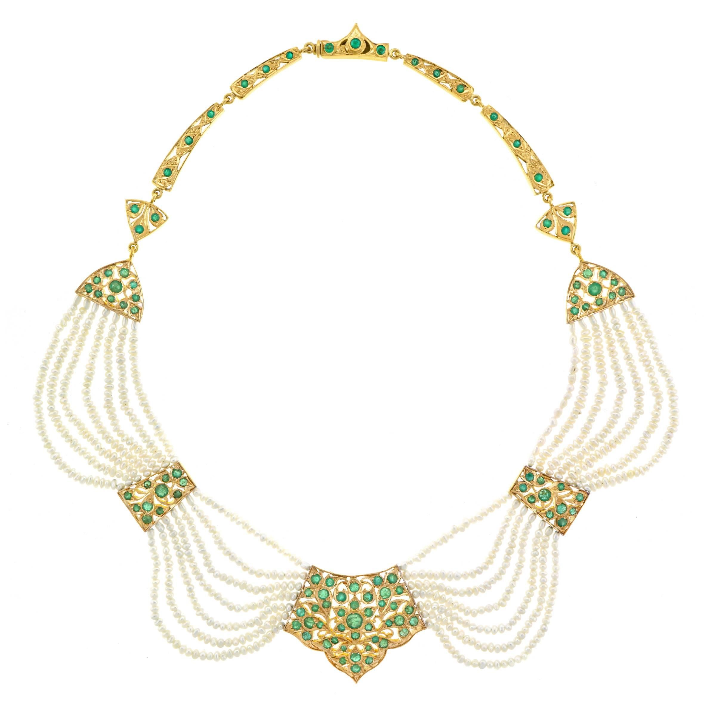 Mogul Emerald and Pearl-Set Gold Necklace