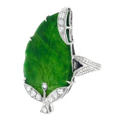 Antique Art Deco Natural Jade and Diamond Leaf Motif Gold Ring
