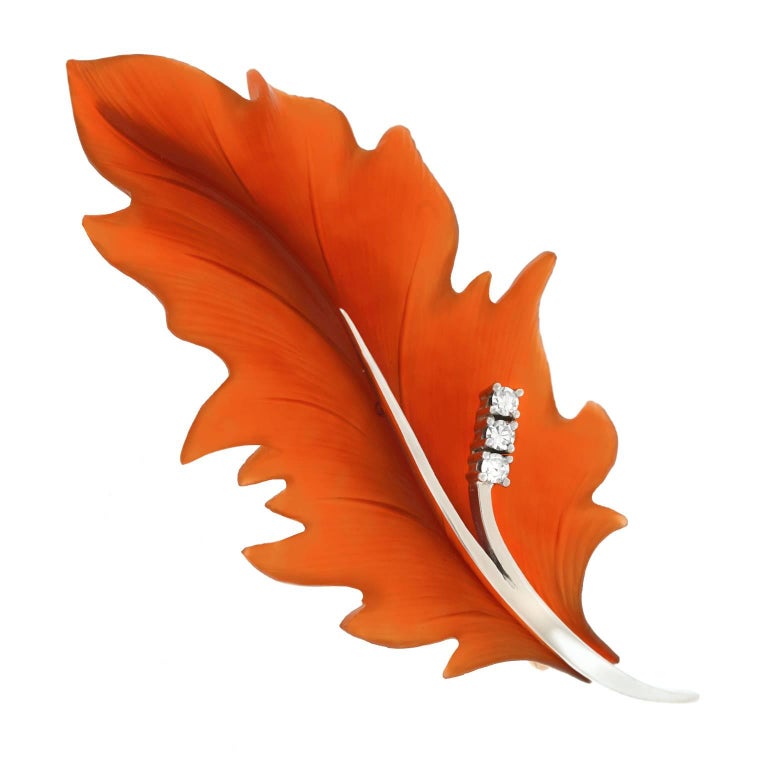 Carnelian Leaf Brooch Set with Diamonds in Gold For Sale at 1stDibs