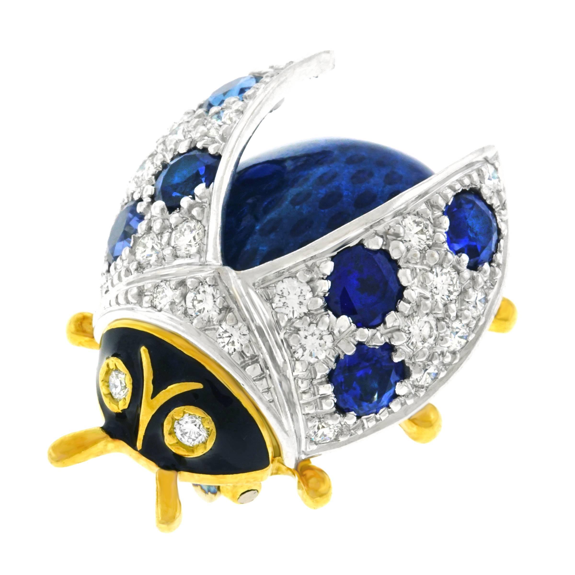 Meister Sapphire, Diamond, and Enamel Lady Bug Brooch in Gold