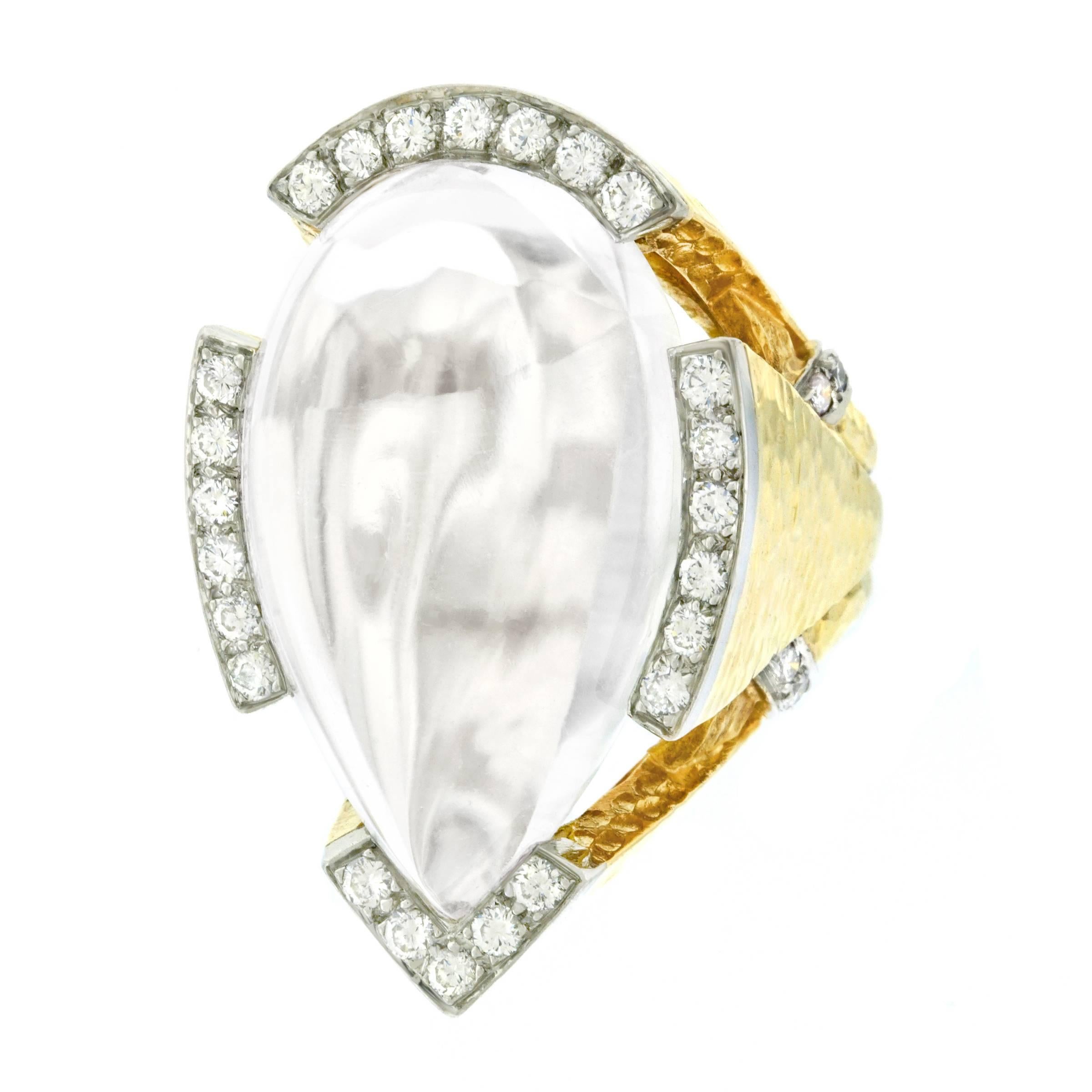 Modernist David Webb Rock Crystal and Diamond Set Gold and Platinum Ring