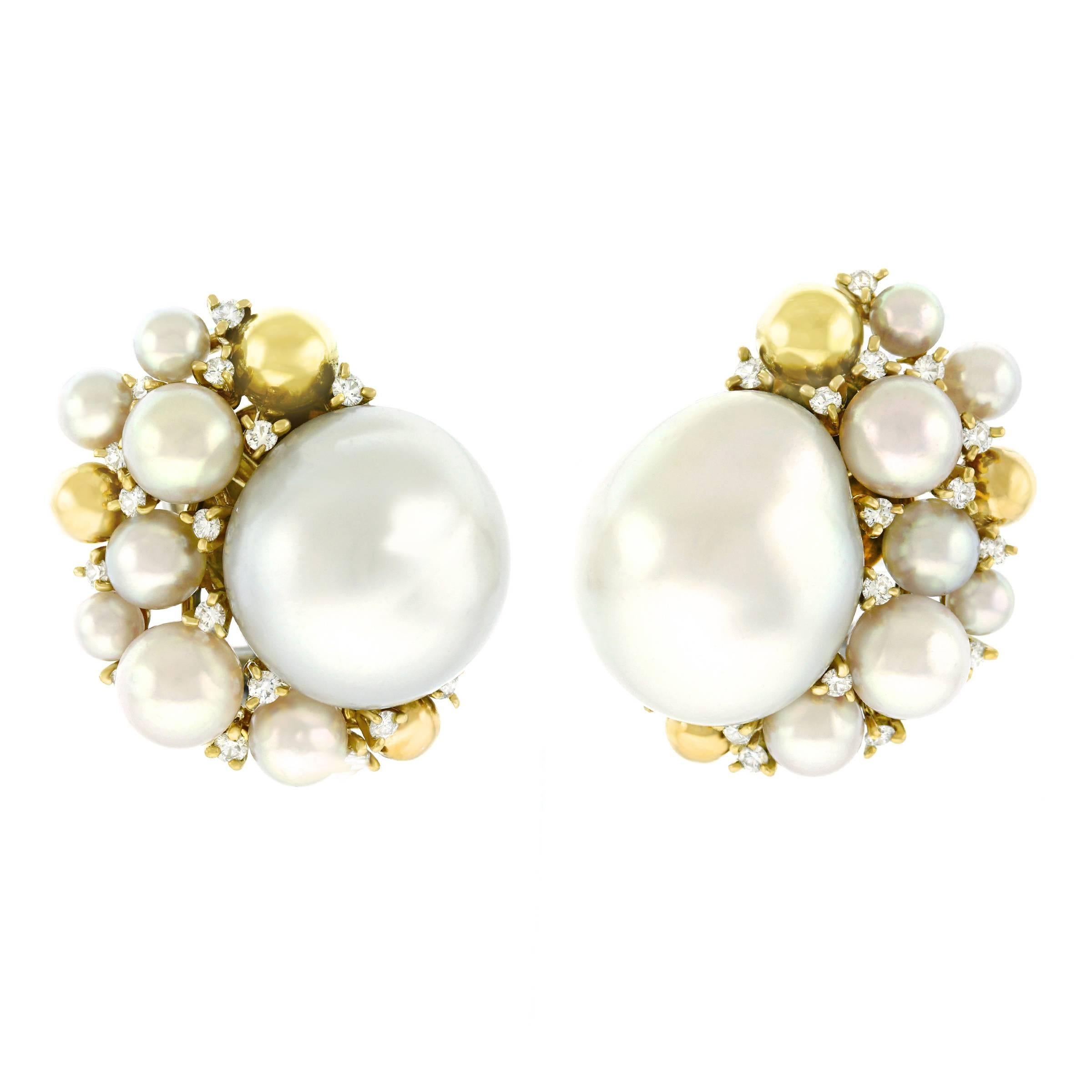 Emil Meister Modernist Pearl and Diamond Set Gold Earrings