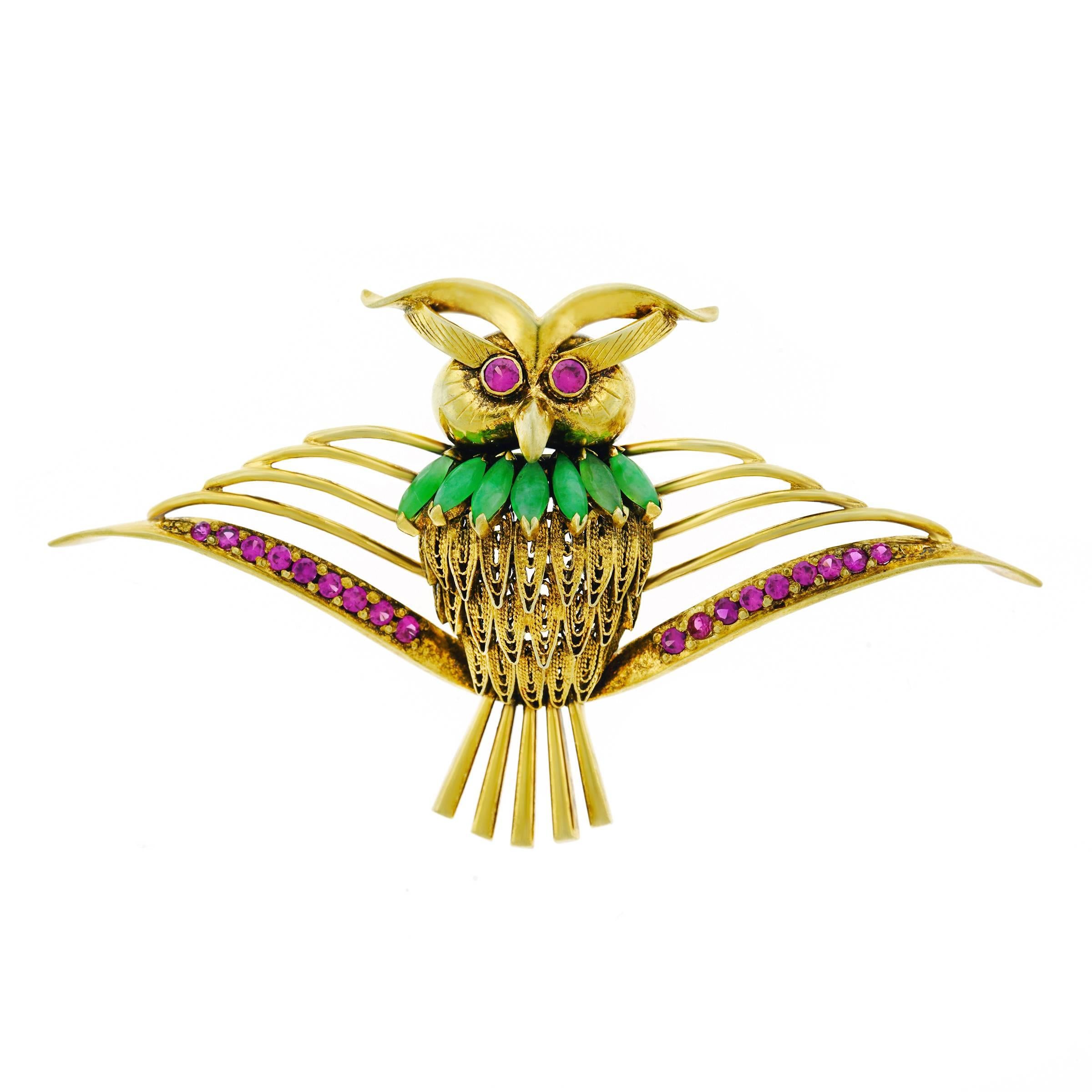 1950s Jade and Ruby Set Gold Owl Brooch