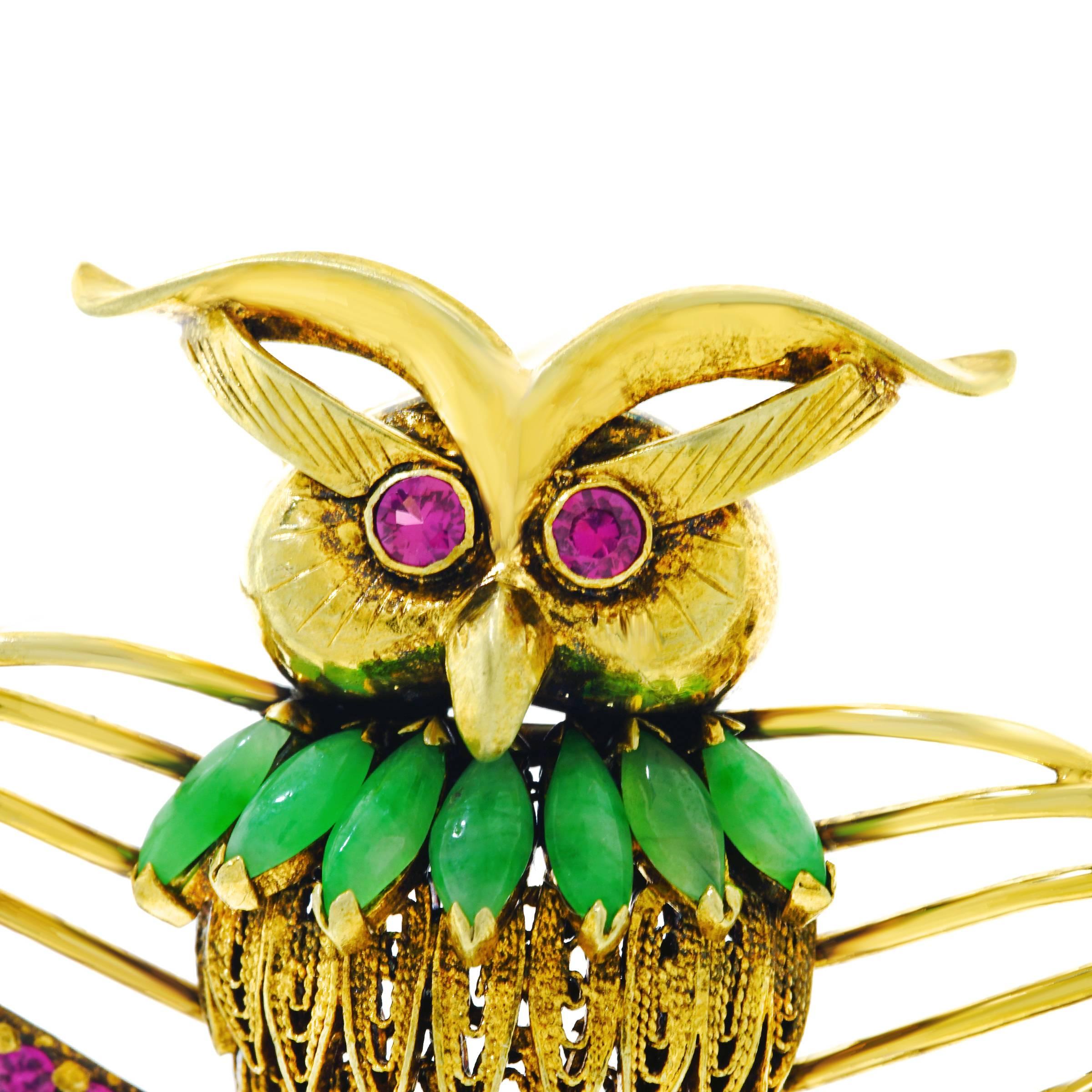 1950s Jade and Ruby Set Gold Owl Brooch 3
