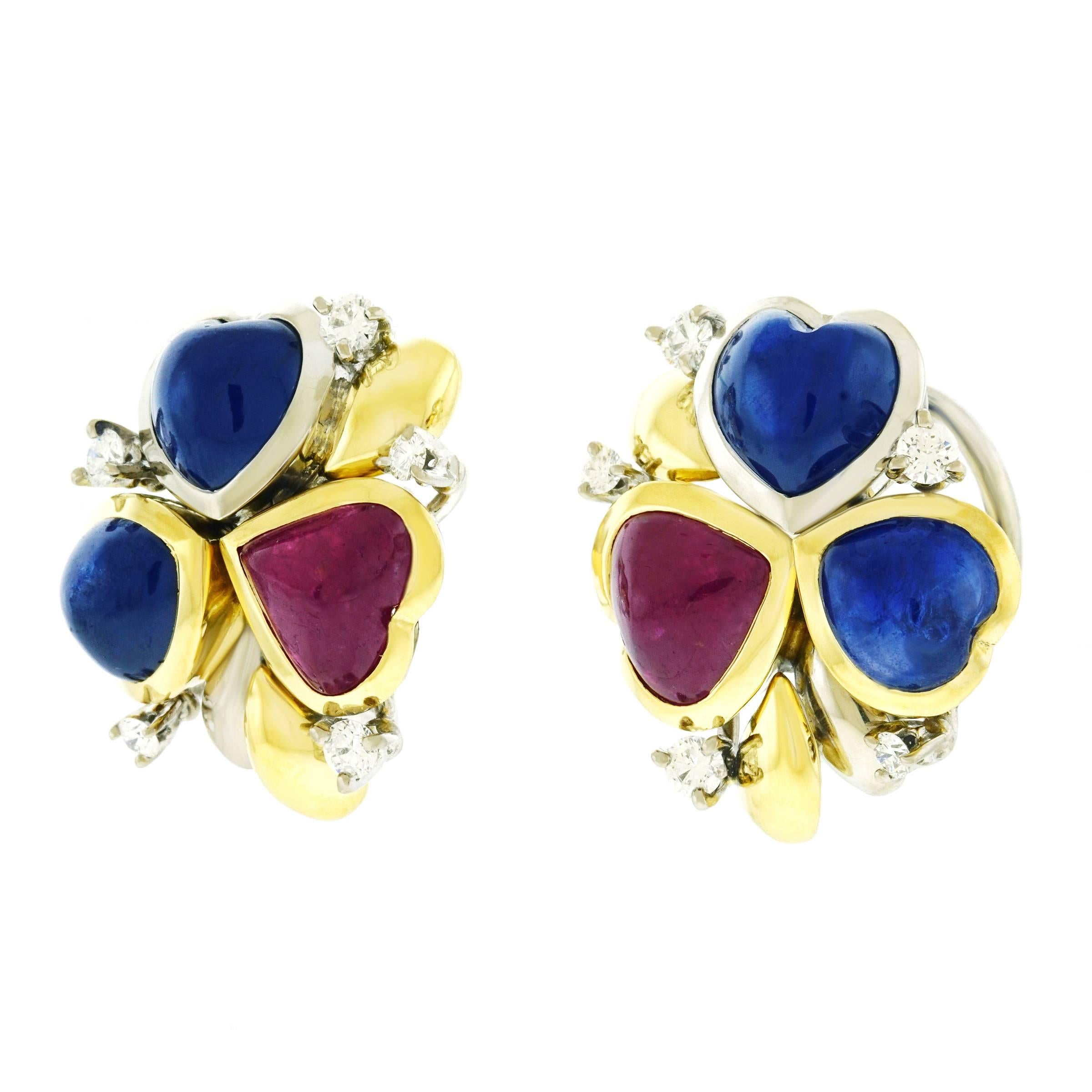 Emil Meister Modernist Sapphire Ruby and Diamond Set Gold Earrings In Excellent Condition In Litchfield, CT