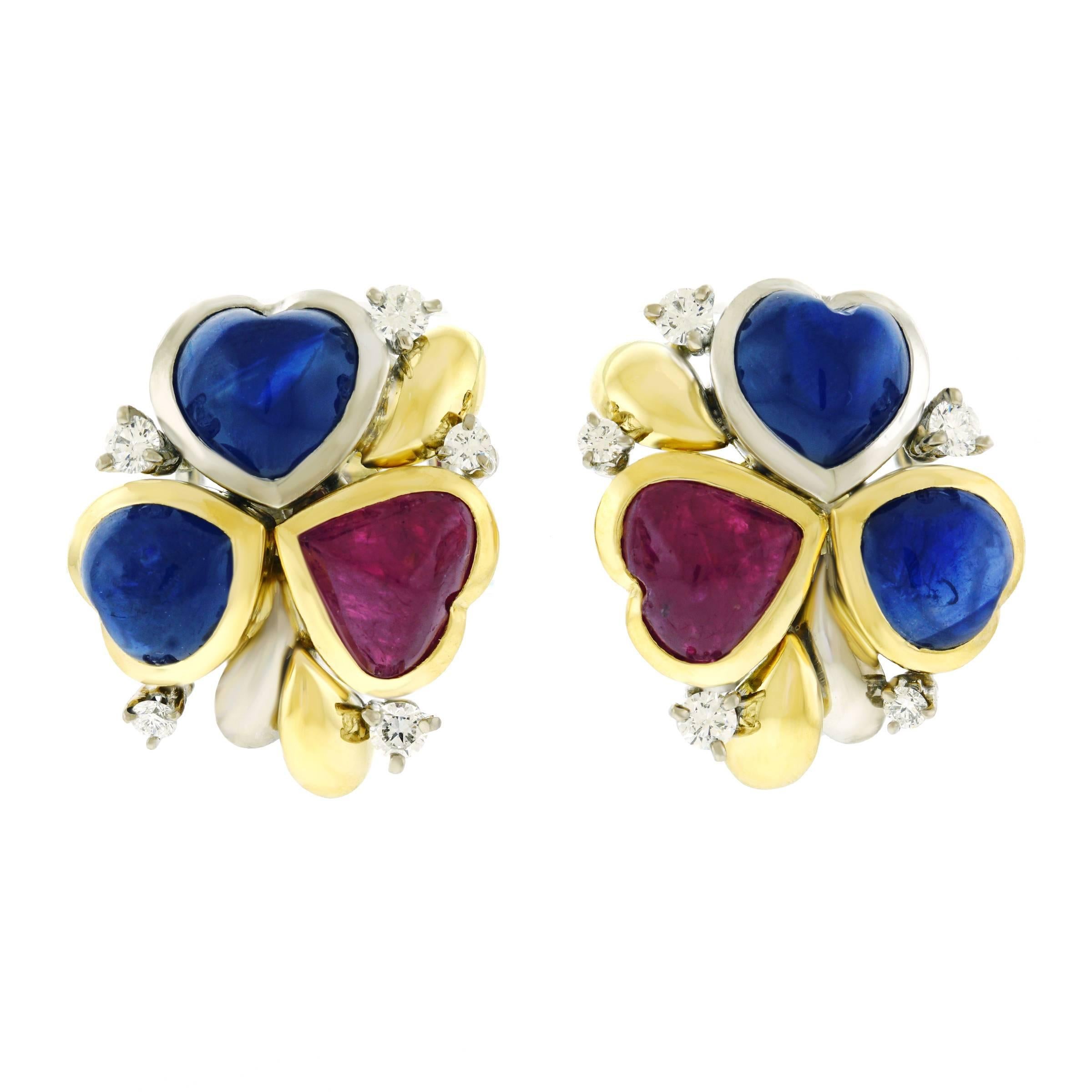 Emil Meister Modernist Sapphire Ruby and Diamond Set Gold Earrings