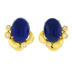 Meister Lapis and Diamond Set Gold Earrings