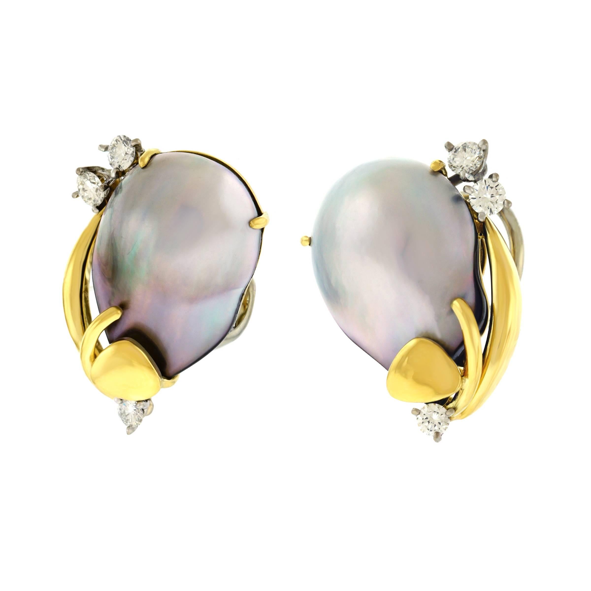 Emil Meister Modernist Pearl and Diamond Set Gold Earrings In Excellent Condition In Litchfield, CT