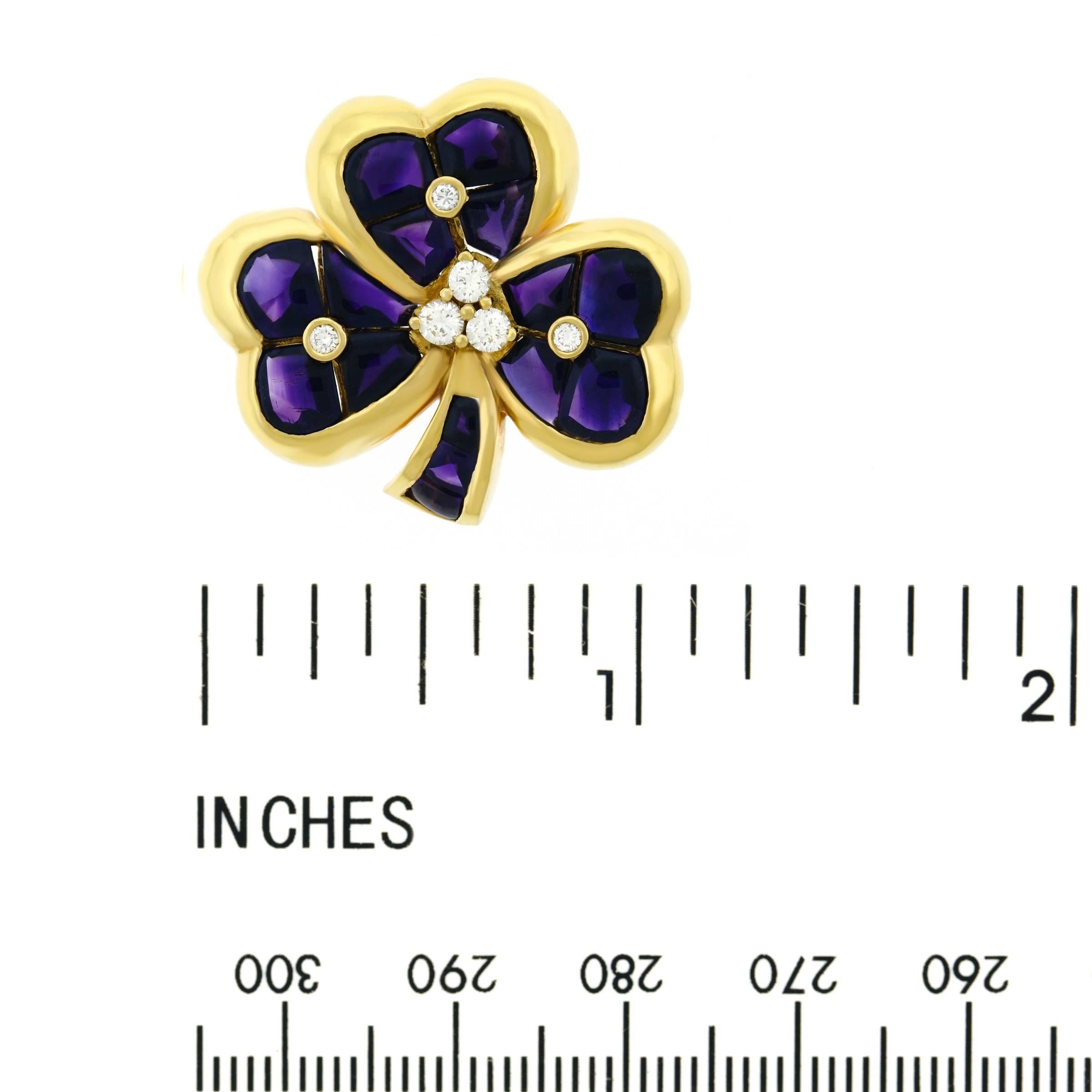 Amethyst and Diamond Set Clover Gold Brooch 2