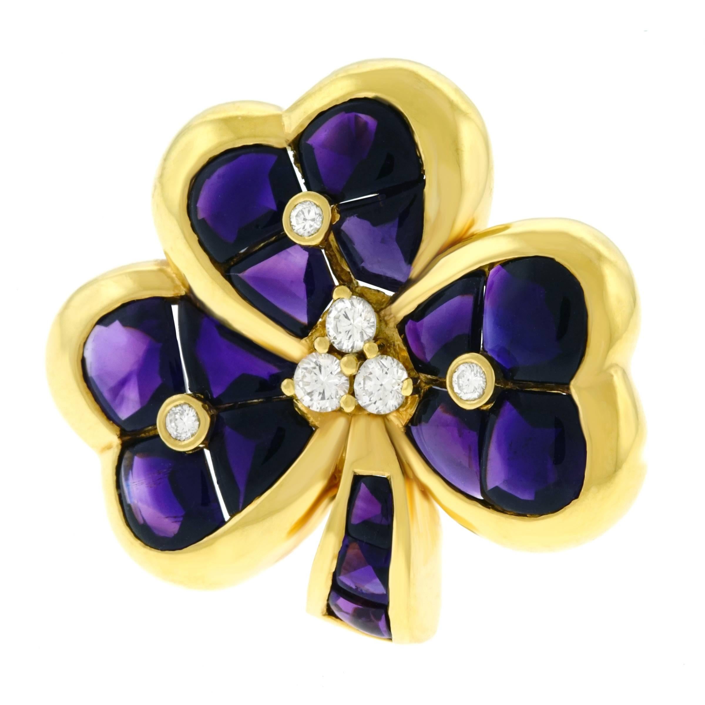 Amethyst and Diamond Set Clover Gold Brooch In Excellent Condition In Litchfield, CT