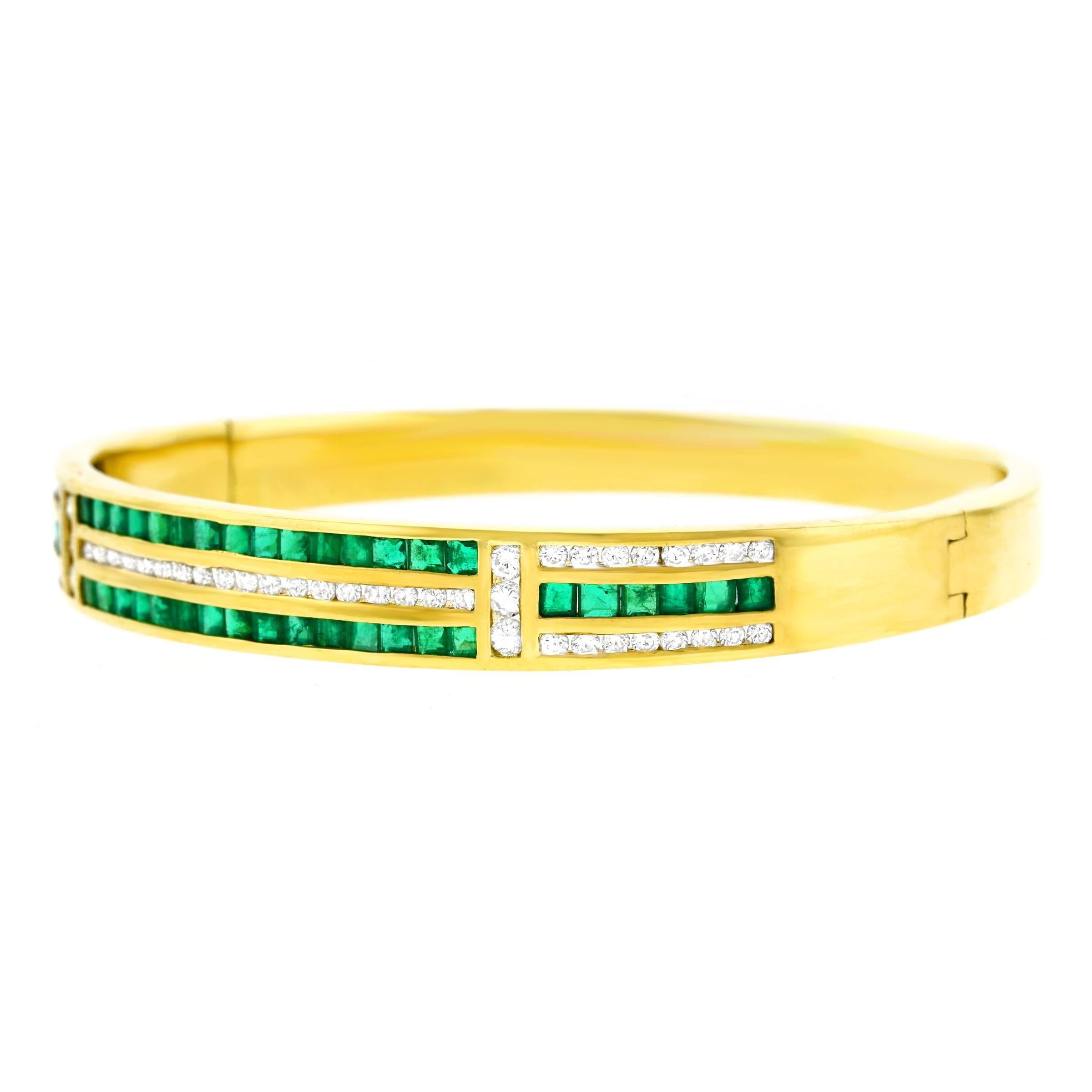 Emerald and Diamond Set Gold Bangle In Excellent Condition In Litchfield, CT