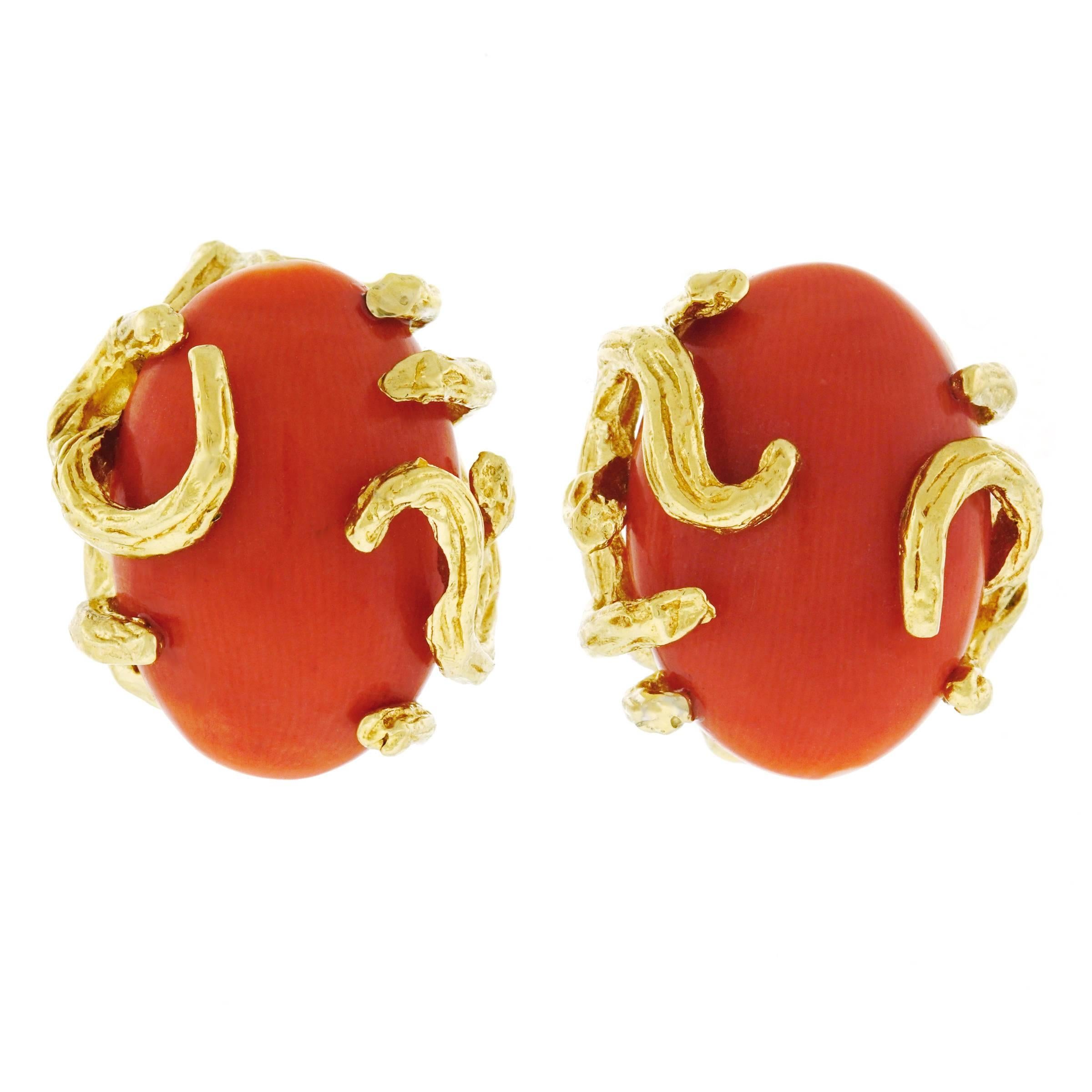 1960s Modernist Coral and Gold Earrings