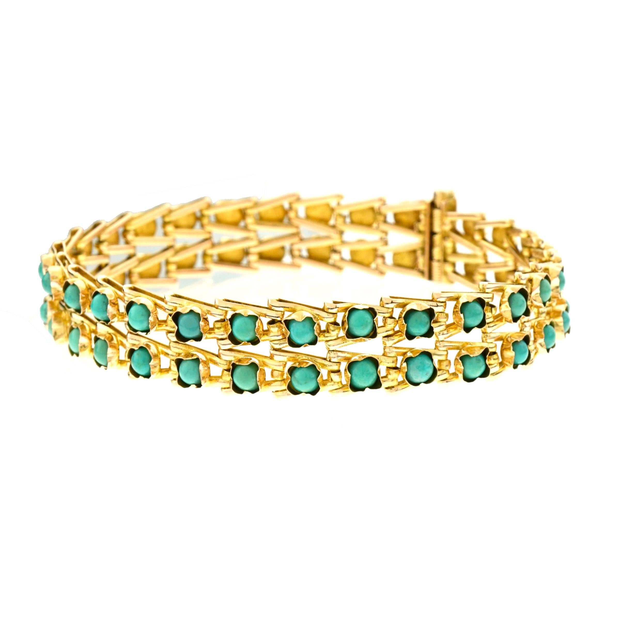 Art Deco Turquoise Set Gold Bracelet In Excellent Condition In Litchfield, CT