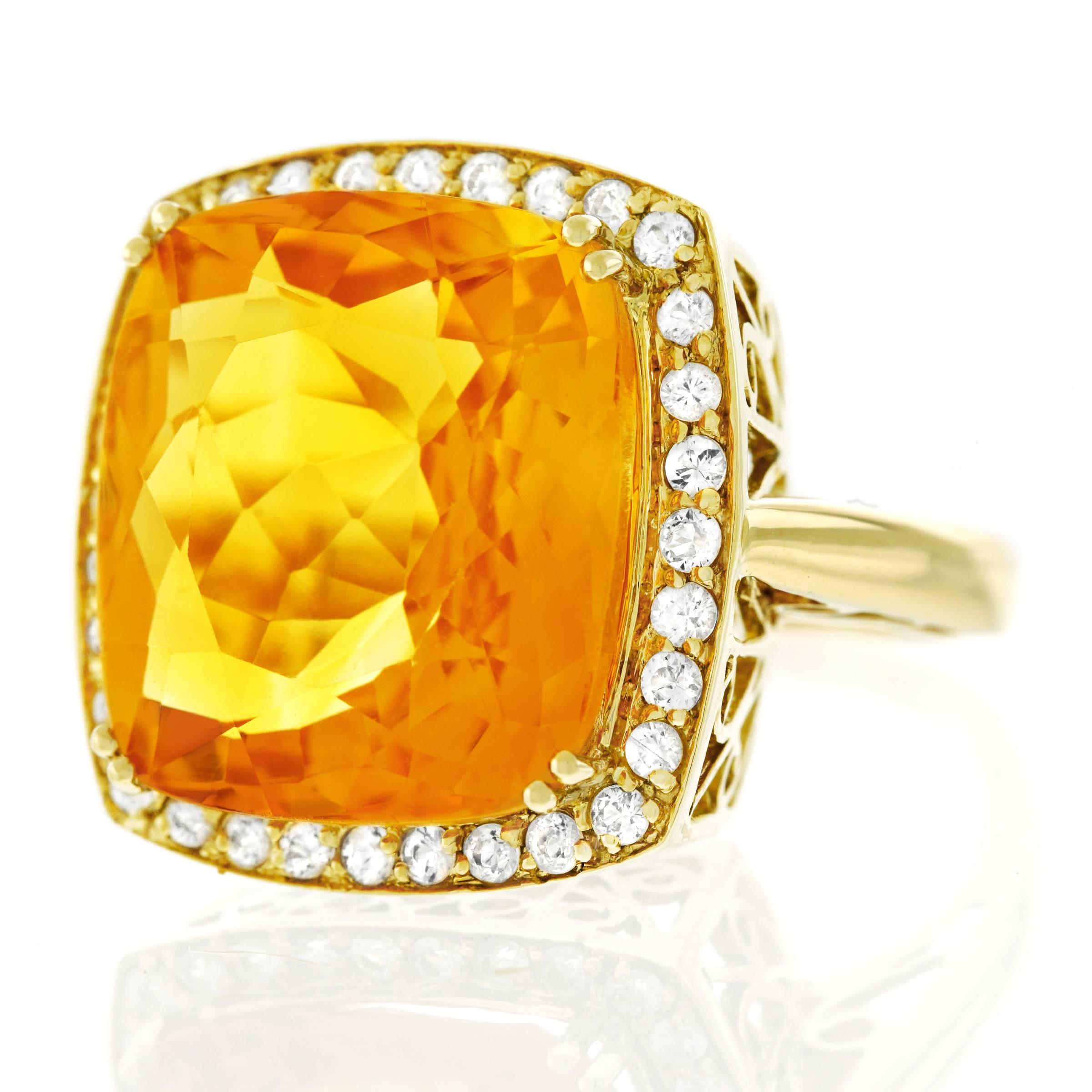 12.0 Carat Citrine and Diamond Set Gold Ring In Excellent Condition In Litchfield, CT