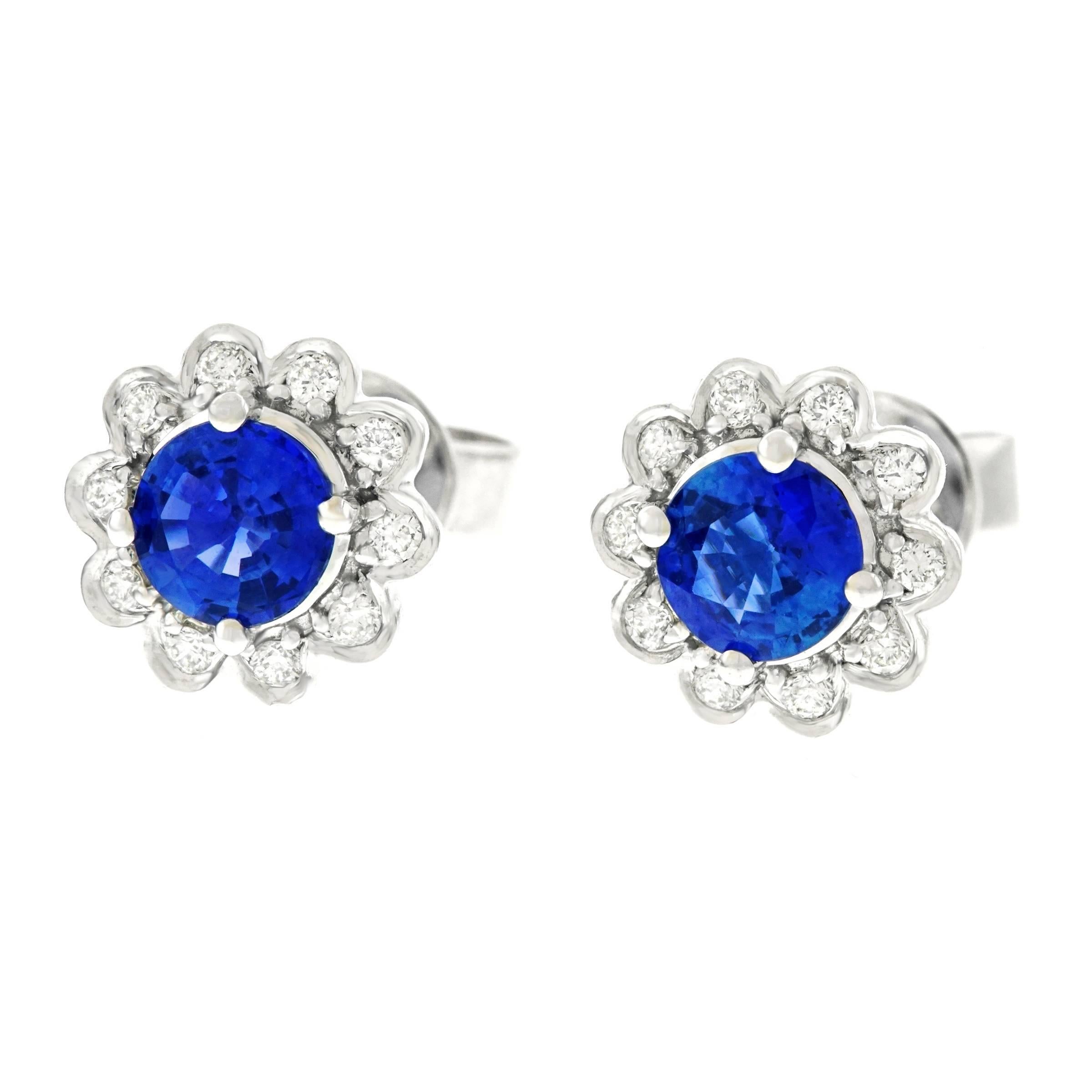 Sapphire and Diamond Set Gold Stud Earrings In Excellent Condition In Litchfield, CT