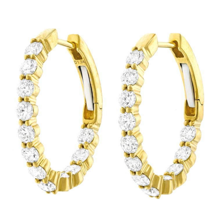 2 Carat Total Weight Diamond Set Yellow Gold Hoops For Sale at 1stdibs