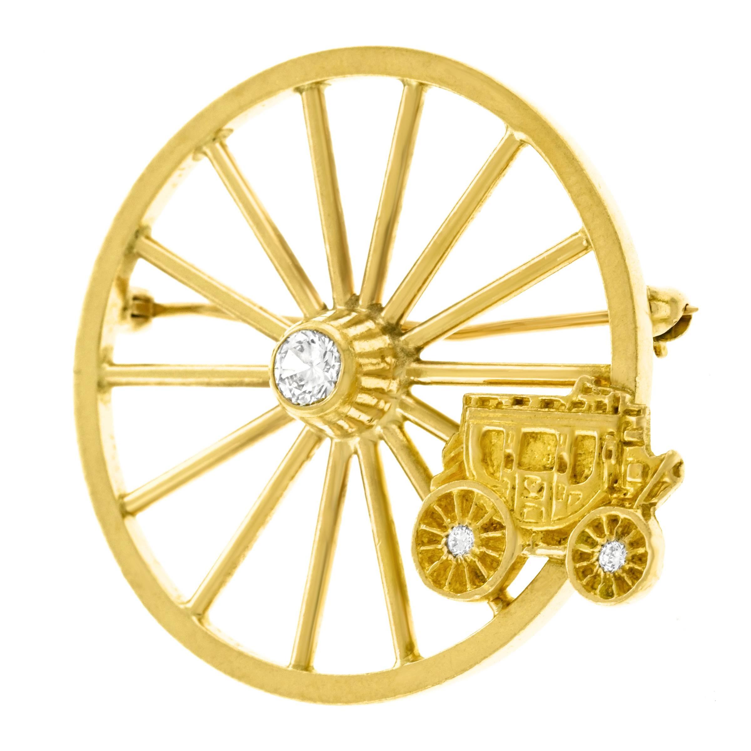 Tiffany & Co. Stagecoach Wheel Motif Gold Brooch In Excellent Condition In Litchfield, CT